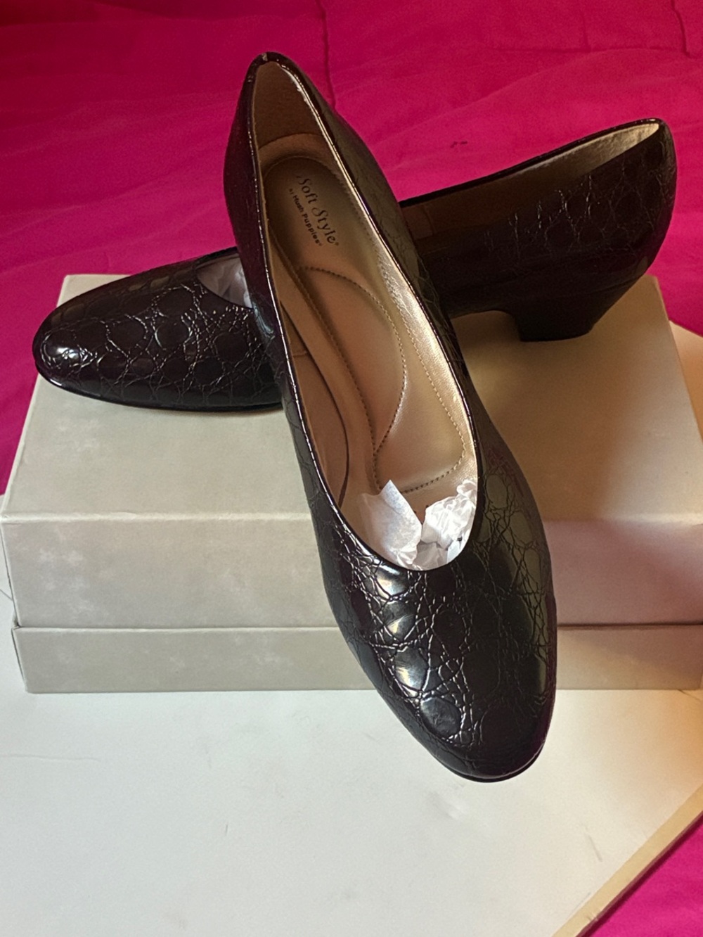 Hush Puppies Dark Brown Croc-Embossed Low Heel Loafers , Dressy Shoes